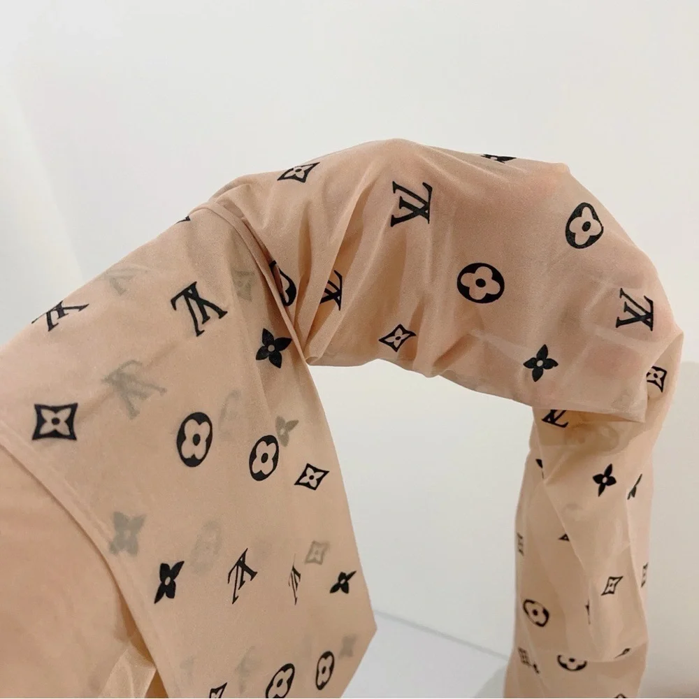 Beige Monogram Sheer Socks with Black Logo Motifs